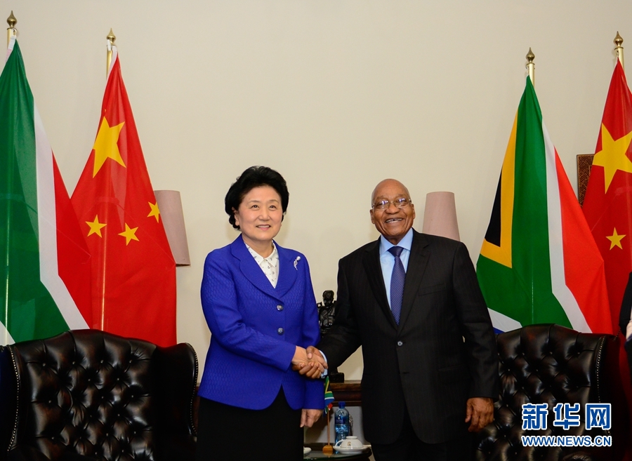 4月25日，南非總統(tǒng)祖馬（右）在比勒陀利亞總統(tǒng)官邸會(huì)見(jiàn)正在對(duì)南非進(jìn)行正式訪問(wèn)并出席中南高級(jí)別人文交流機(jī)制首次會(huì)議的中國(guó)國(guó)務(wù)院副總理劉延?xùn)|。 新華社記者 翟健嵐 攝