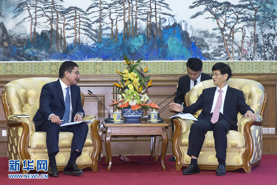 7月19日，中共中央政治局委員、中央政法委書記孟建柱在北京會見烏茲別克斯坦副總理庫奇卡羅夫。 新華社記者崔新鈺攝