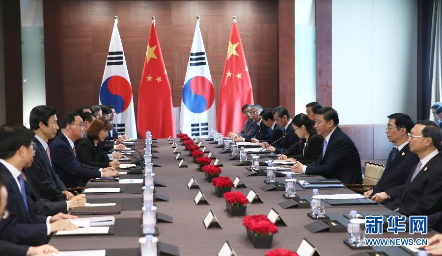 7月4日，國(guó)家主席習(xí)近平在首爾會(huì)見(jiàn)韓國(guó)總理鄭烘原。 新華社記者謝環(huán)馳攝 