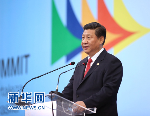 7月15日，國家主席習(xí)近平在巴西福塔萊薩出席金磚國家領(lǐng)導(dǎo)人第六次會(huì)晤并發(fā)表重要講話。 新華社記者 蘭紅光 攝