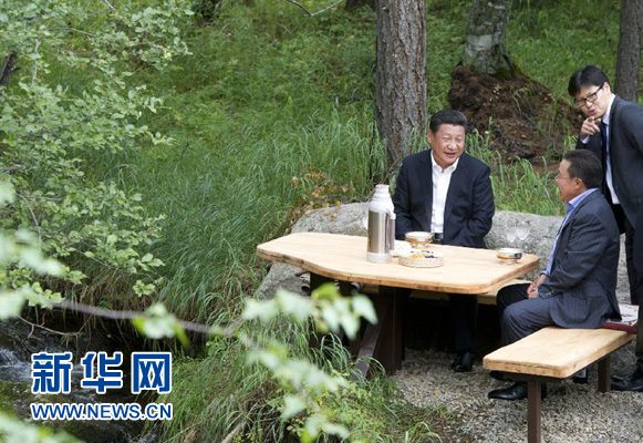 8月22日，國家主席習近平同蒙古國總統(tǒng)額勒貝格道爾吉在烏蘭巴托市郊的總統(tǒng)官邸再次會晤。這是習近平同額勒貝格道爾吉會晤后在溪畔飲茶。新華社記者 黃敬文 攝