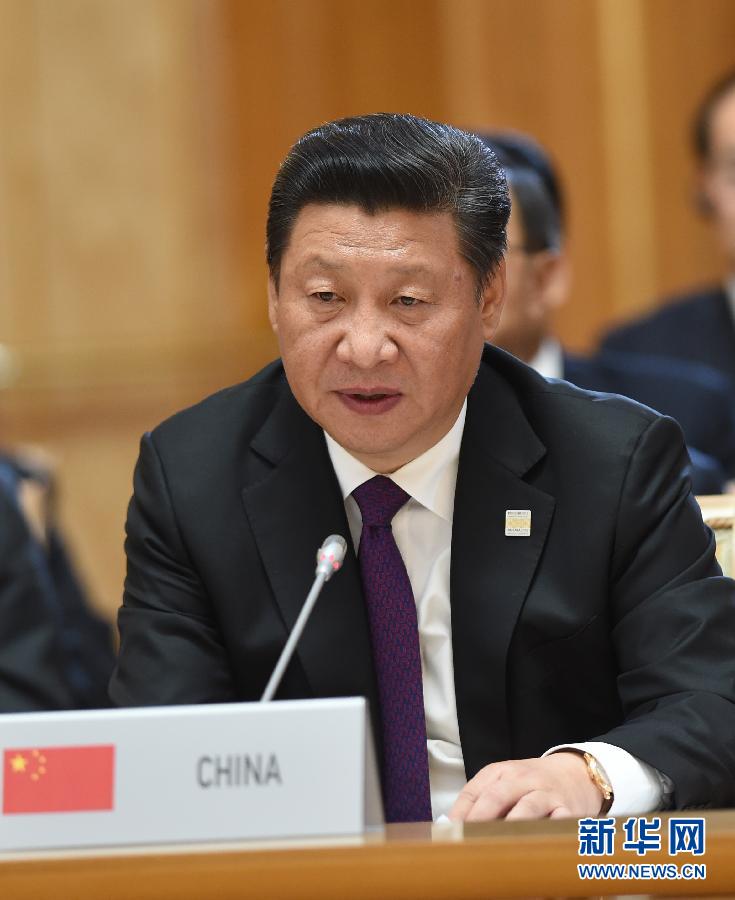 7月9日，金磚國家領導人第七次會晤在俄羅斯烏法舉行。中國國家主席習近平、俄羅斯總統(tǒng)普京、巴西總統(tǒng)羅塞夫、印度總理莫迪、南非總統(tǒng)祖馬出席。這是習近平發(fā)表題為《共建伙伴關系　共創(chuàng)美好未來》的主旨講話。新華社記者 饒愛民 攝 